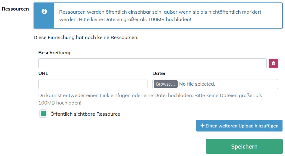 Screenshot des Abschnitts »Ressourcen« in der Pretalx-Oberfläche. Zu sehen ist ein Dateiupload-Formular mit den Feldern Beschreibung, URL und Datei sowie einem angekreuzten Kontrollkästchen mit dem Text »Öffentlich sichtbare Ressource«.